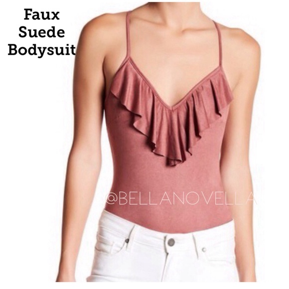 HARLOW & GRAHAM Faux Suede Bodysuit Dusty Rose - Picture 4 of 11
